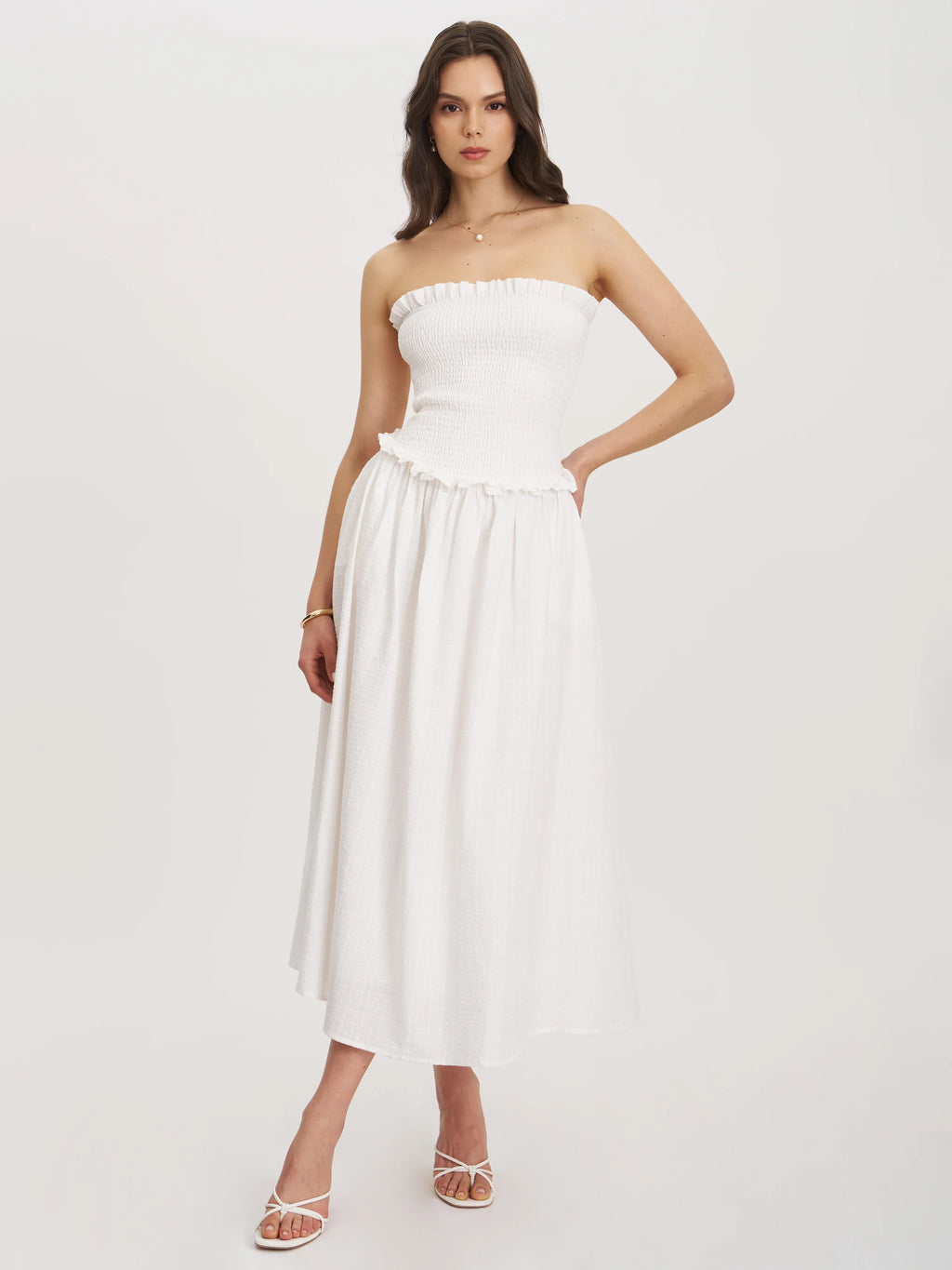 Quadiya White Cotton Seersucker Smocked Strapless Midi Dress Archive Sale