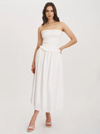 Quadiya White Cotton Seersucker Smocked Strapless Midi Dress Archive Sale