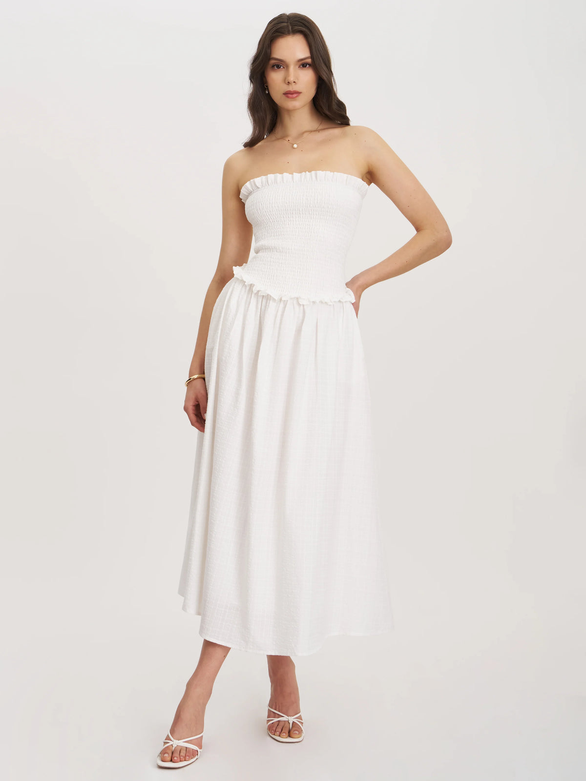 Quadiya White Cotton Seersucker Smocked Strapless Midi Dress Archive Sale