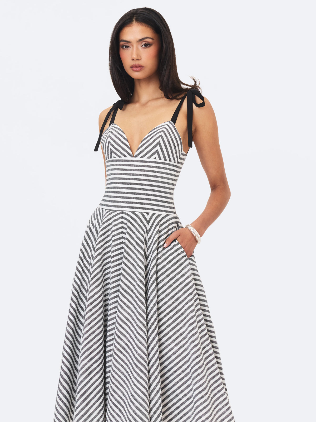 Riley Black White Striped Linen Flared Midi Dress