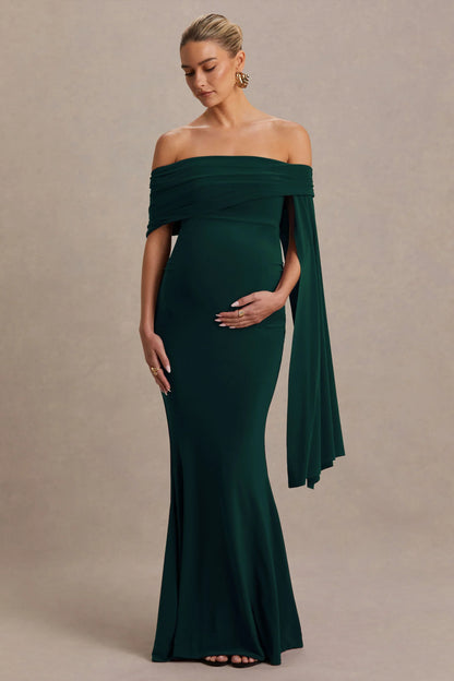 Aquila Bottle Green Bardot Maternity Maxi Dress With Draped Detail