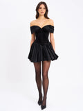 Echo Black Velvet Off shoulder Pleated Mini Dress