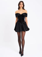 Echo Black Velvet Off shoulder Pleated Mini Dress