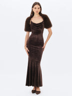 Veronique Brown Croc Embossed Velvet Cowl Neck Mermaid Maxi Dress