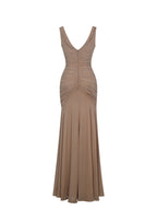 Viveca Apricot Crystal Embellished Asymmetrical Ruched Maxi Dress