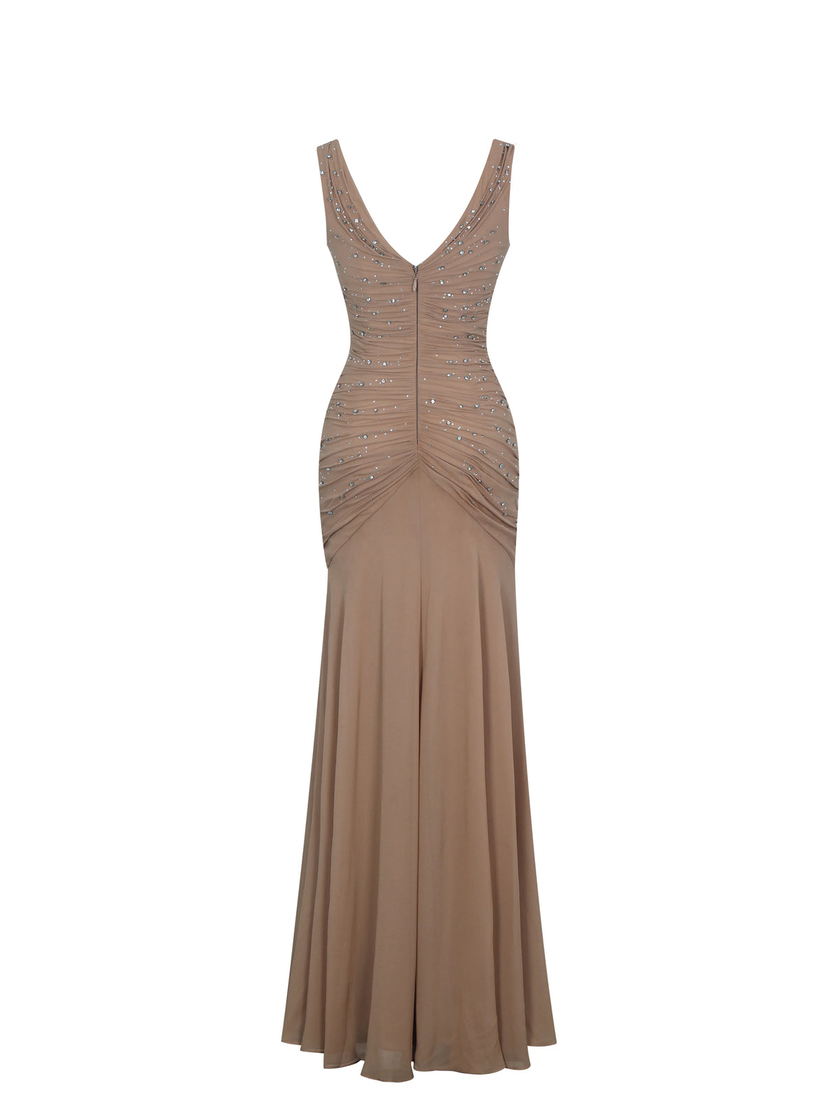 Viveca Apricot Crystal Embellished Asymmetrical Ruched Maxi Dress
