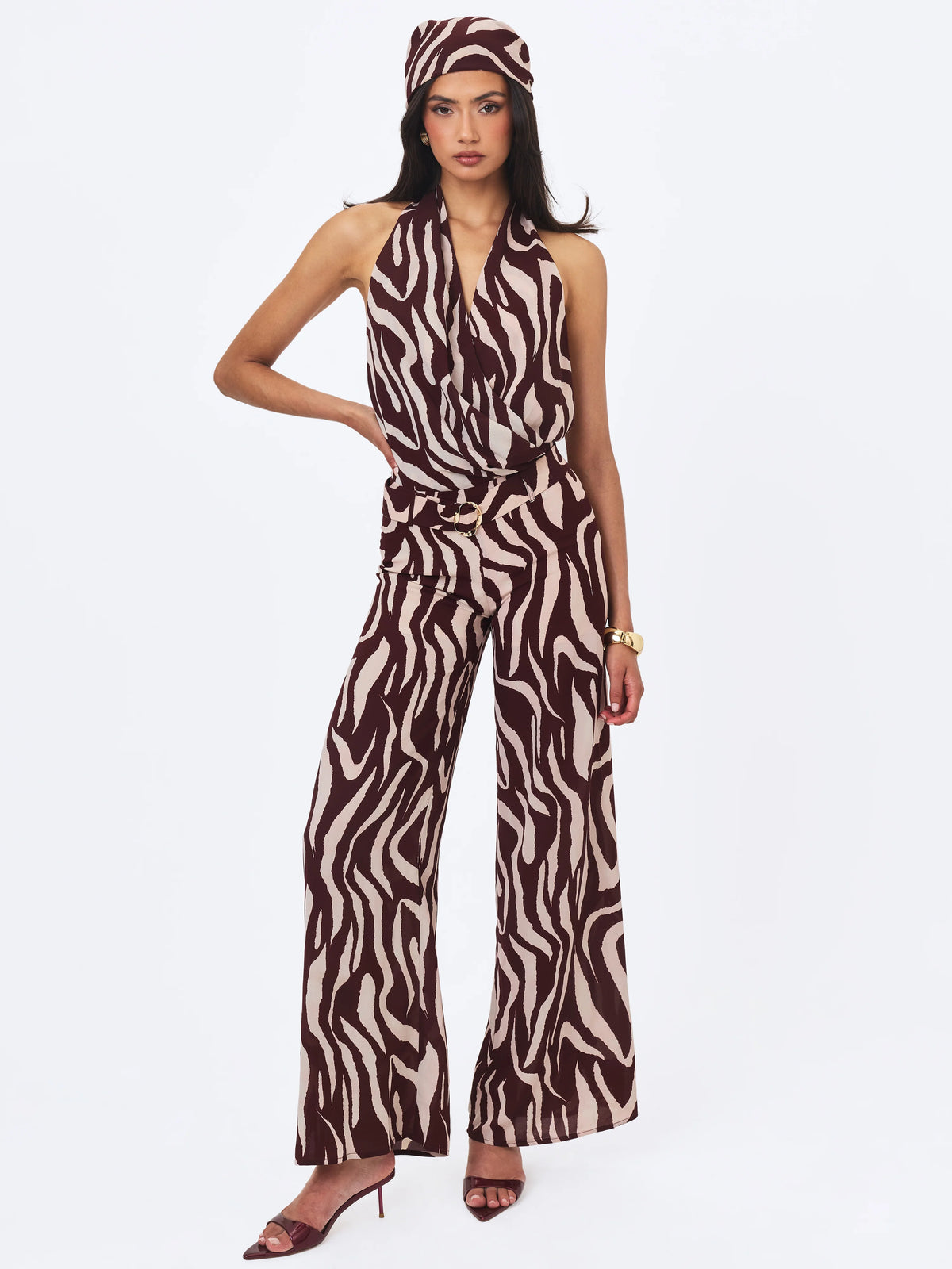 Ashlyn Burgundy Beige Abstract Zebra Print Belted Halter Jumpsuit