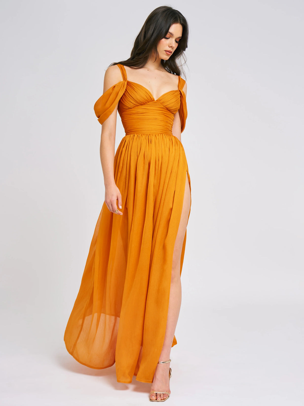Jelani Layered Mesh High Slit Drape Maxi Dress