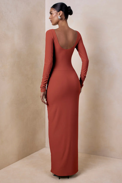Matilda Rust Boat Neck Maxi Dress With Ruched Detailing