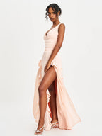 Talyssa Baby Pink Ruched Waist Double High Slit Maxi Gown Archive Sale