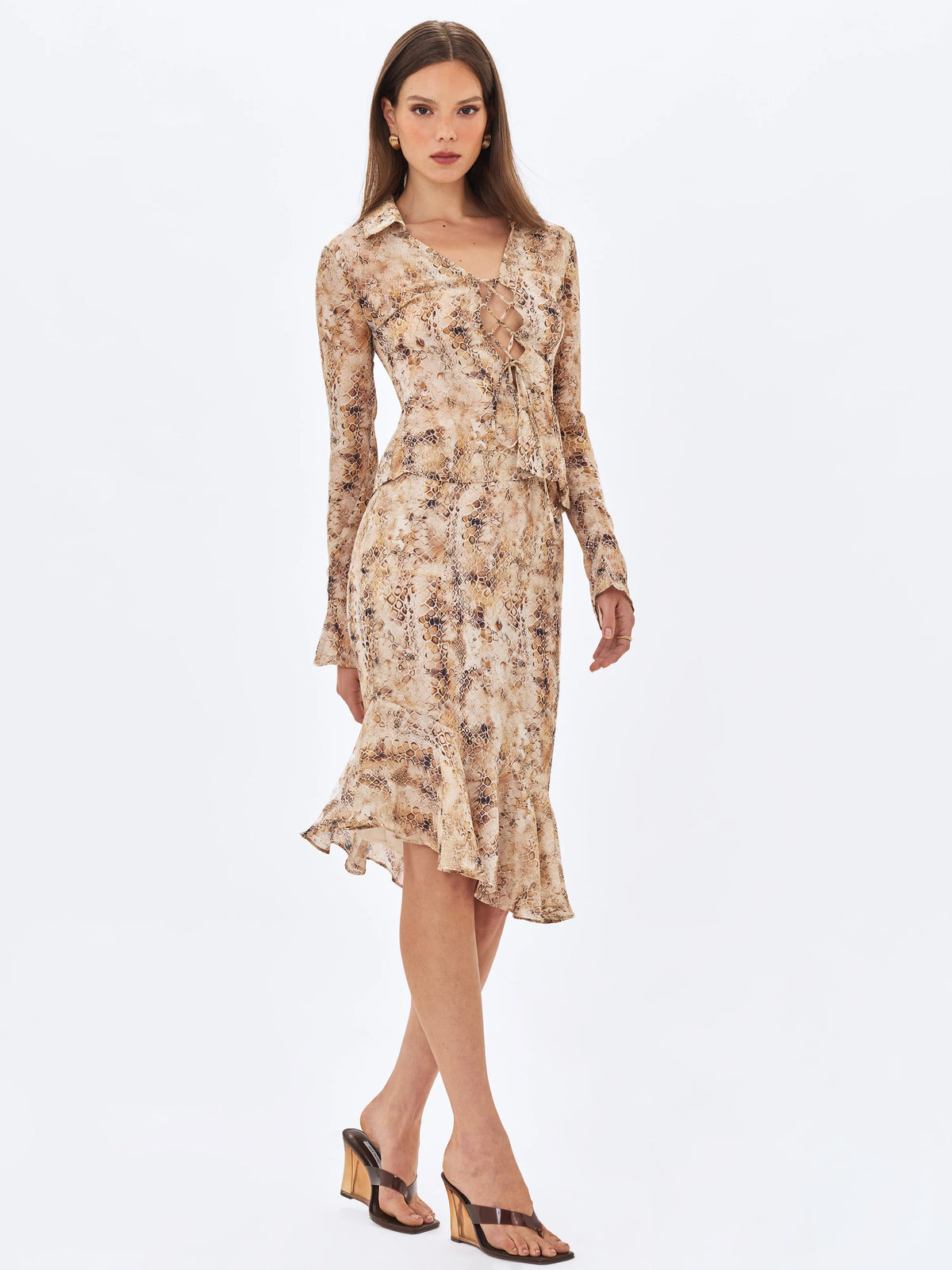 Umarah Tan Reptile Print Asymmetrical Ruffled Skirt