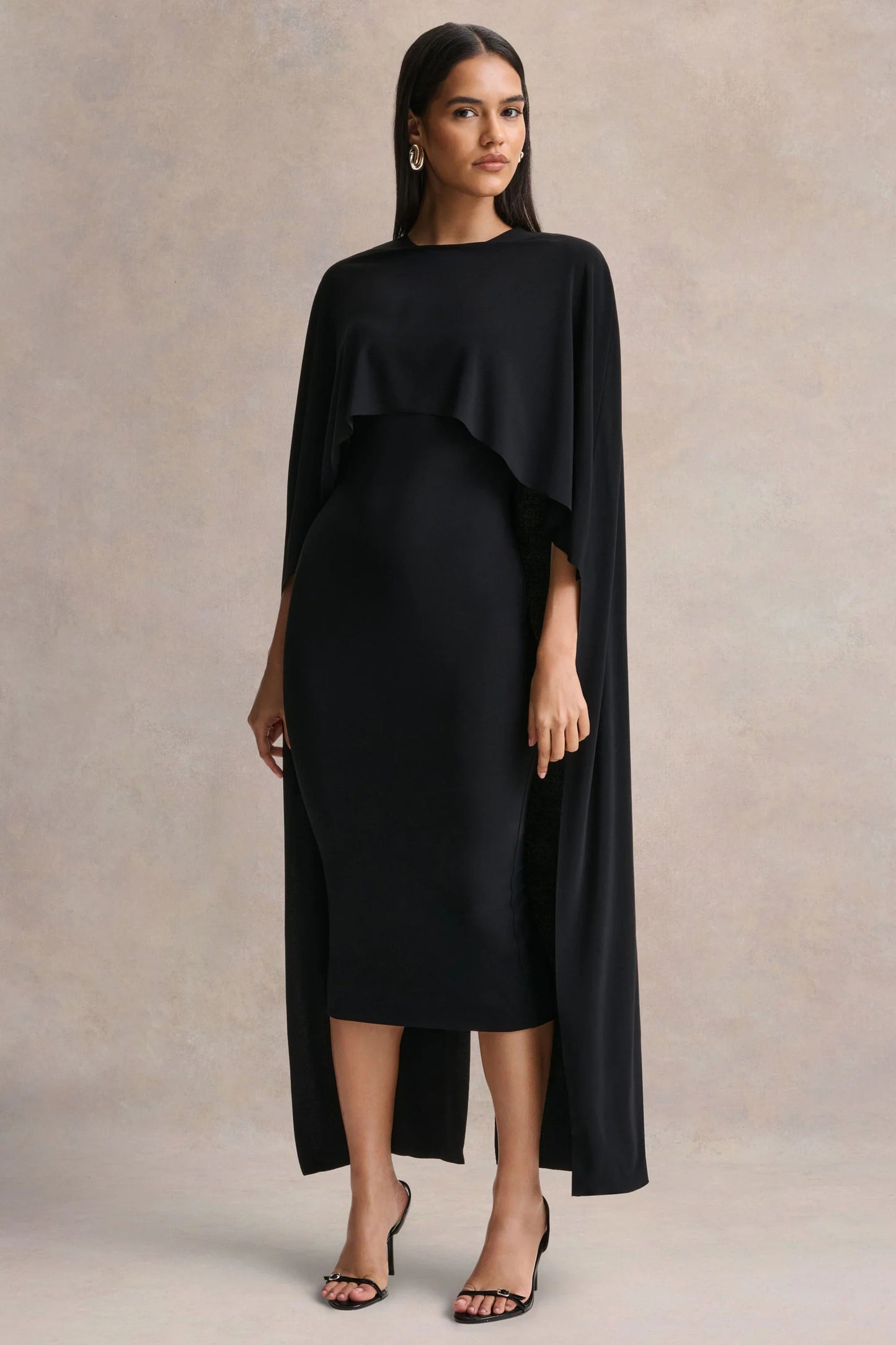 Kalani Black Crew Neck Midi Dress With Cape Sleeves