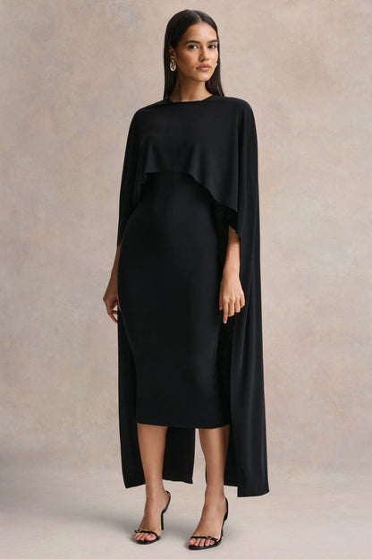 Kalani Black Crew Neck Midi Dress With Cape Sleeves