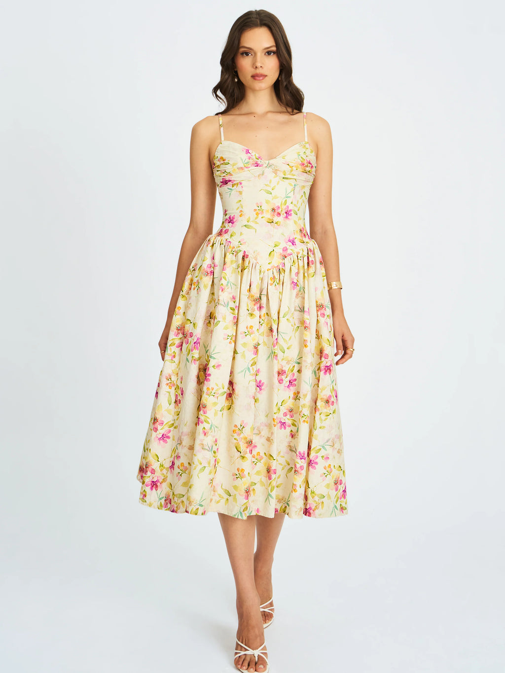 Jacinda Yellow Floral Print Linen Midi Dress