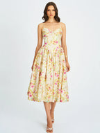 Jacinda Yellow Floral Print Linen Midi Dress