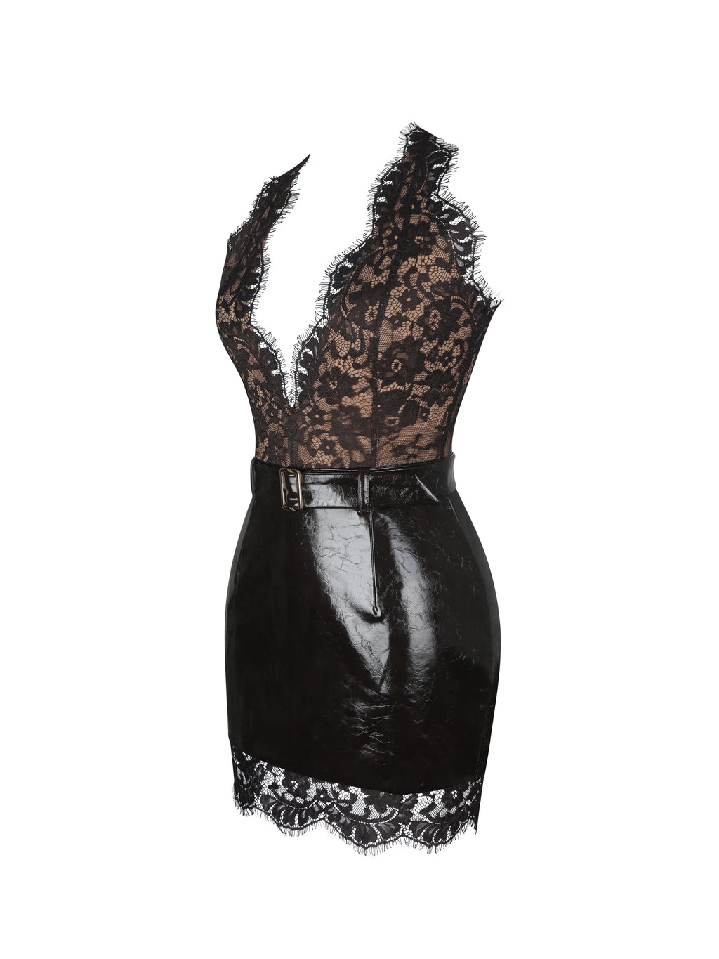 Faris Espresso Plunging Halter Belted Mini Dress