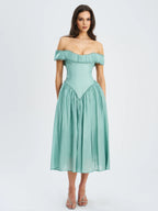 Xavy Teal Green Off Shoulder Corset Midi Dress