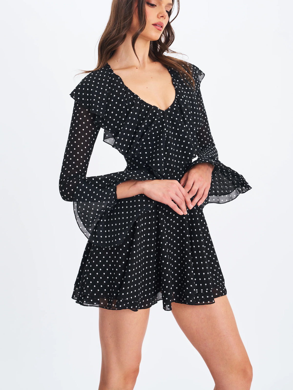 Omari Black Chiffon Polka Dot Ruffled Neckline Mini Dress