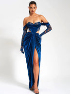 Quintessa Teal Lace Velvet Corset Off Shoulder Gown Archive Sale