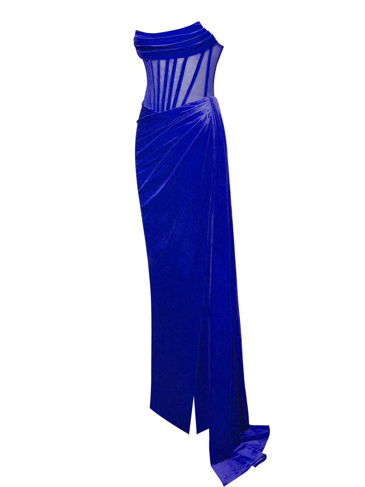 Priya Royal Blue Draping Corset High Slit Velvet Gown Archive Sale