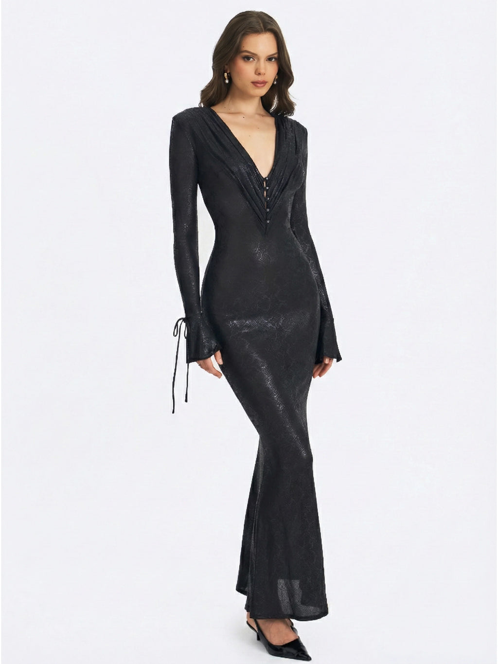 Ilysia Black V Neck Plunge Snakeskin Mermaid Hem Maxi Dress