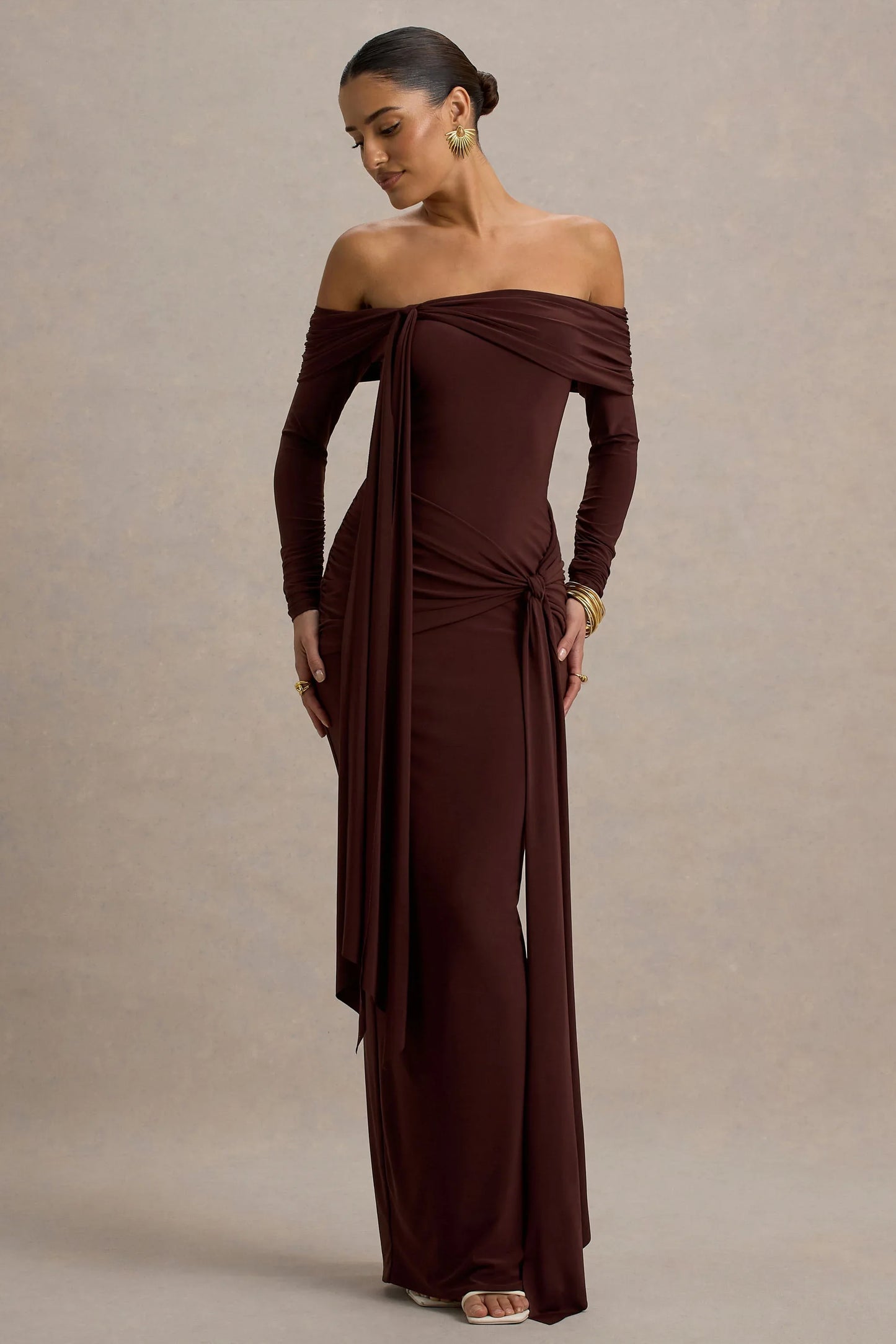 Jovie Brown Bardot Wrap Maxi Dress With Sash Detail