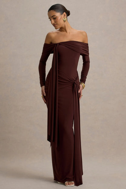 Jovie Brown Bardot Wrap Maxi Dress With Sash Detail