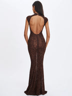Tyanna Mocha Burnout Velvet Mesh Backless Mermaid Maxi Dress
