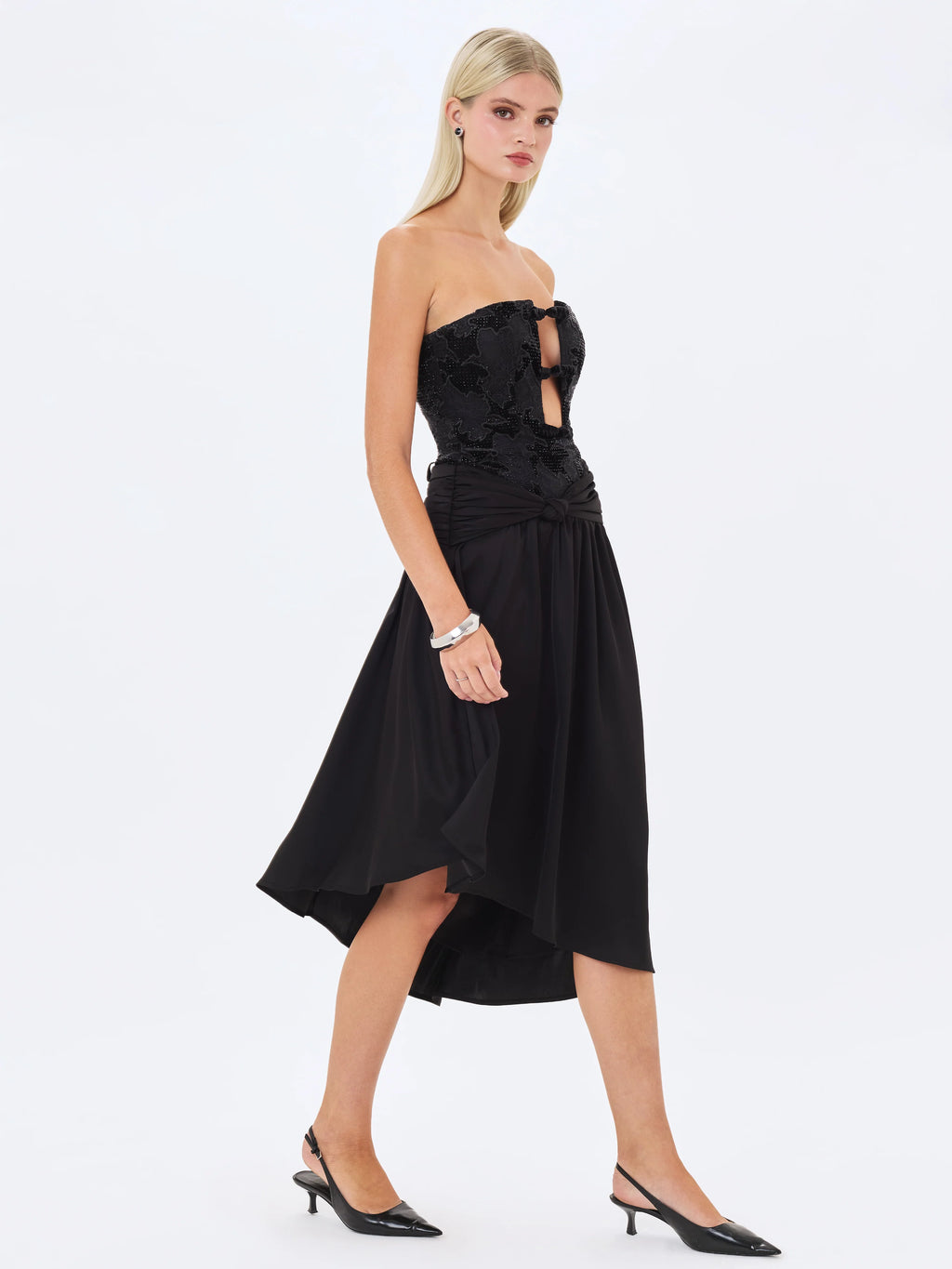 Yoseline Black Velvet Lace Cutout Asymmetrical Satin Midi Dress