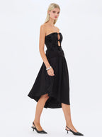 Yoseline Black Velvet Lace Cutout Asymmetrical Satin Midi Dress