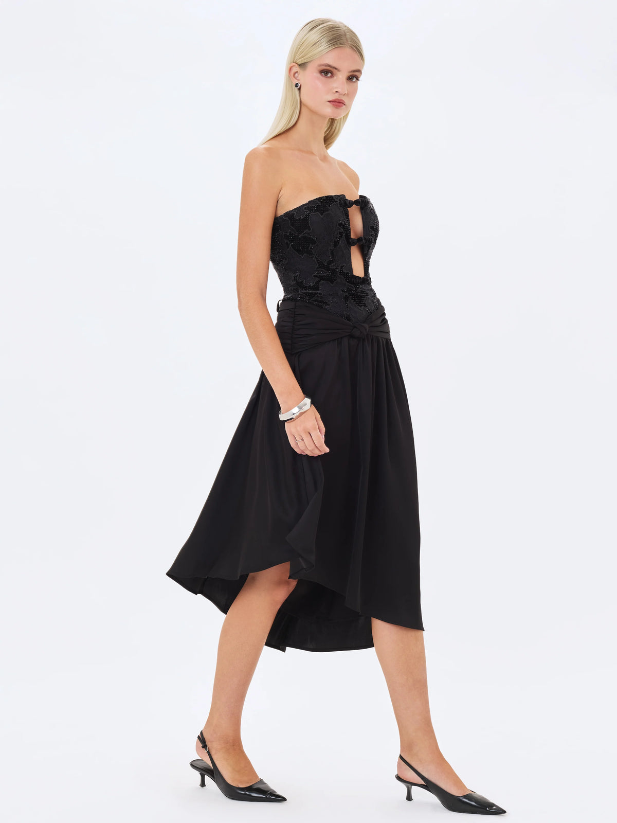 Yoseline Black Velvet Lace Cutout Asymmetrical Satin Midi Dress