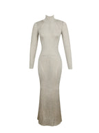 Shay Gold Stretch Knit Backless Long Sleeve Maxi Dress