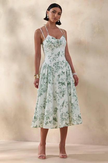 Audrey Green Floral Print Sweetheart Neck Midi Dress With Ruching Detail