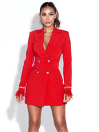 Quilla Red Feather Crystal Sleeve Backless Blazer Dress