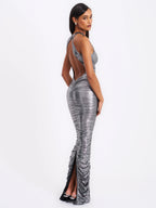 Abril Ruched Silver Glitter Backless Gown