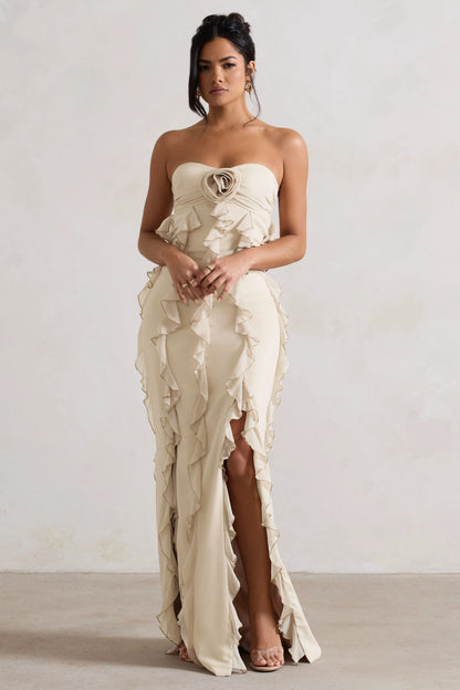 Gardenia Champagne Strapless Ruffle Maxi Dress With Corsage