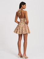 Mackenzie Green and Pink Floral Print Halter Linen Mini Dress