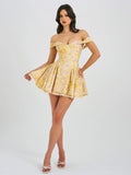 Oana Floral Print Linen Collared Off Shoulder Mini Dress