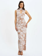 Tavia White Beaded Teardrop Neckline Maxi Dress