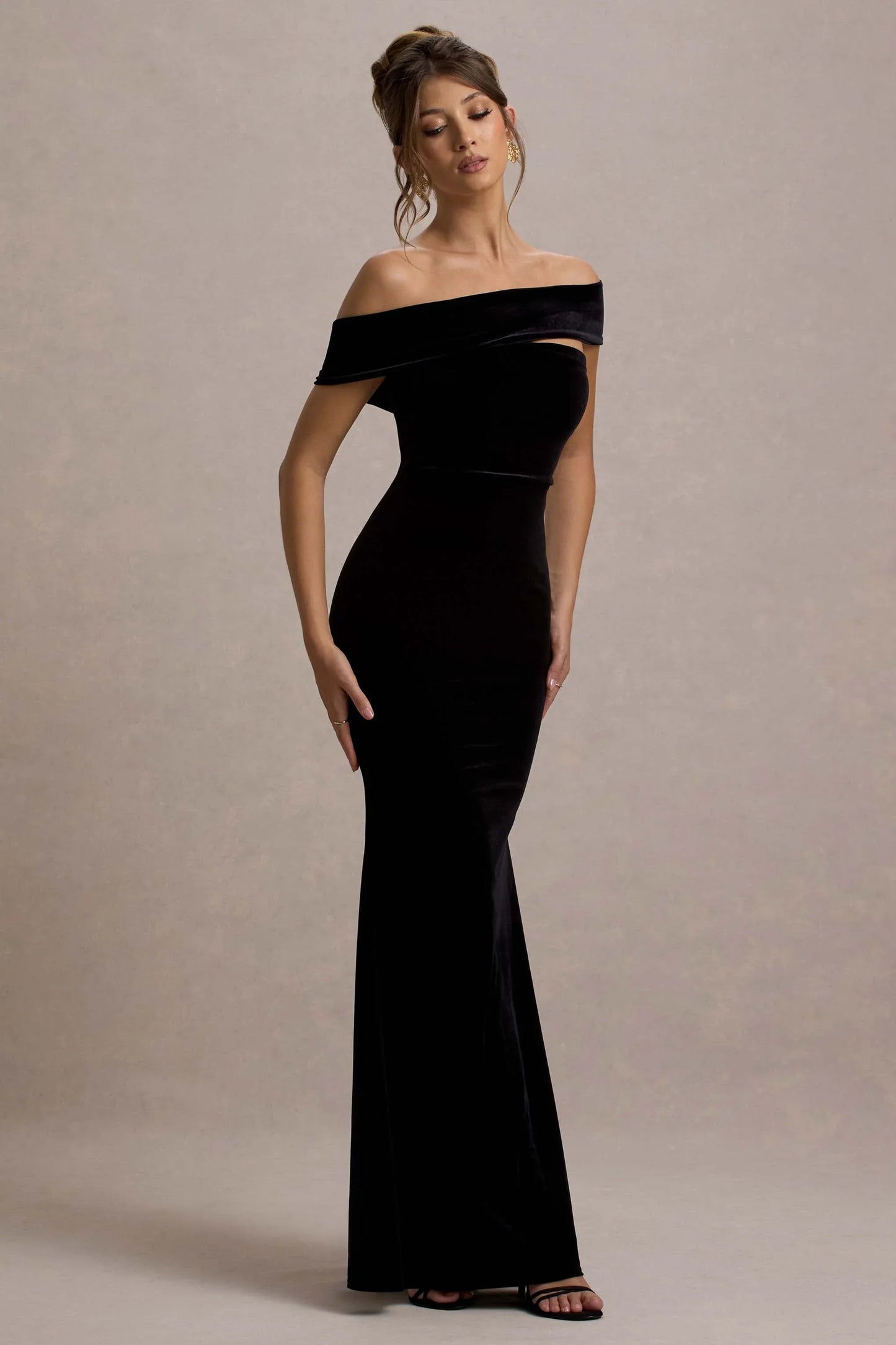 Candela Black Velvet Asymmetric Bardot Maxi Dress