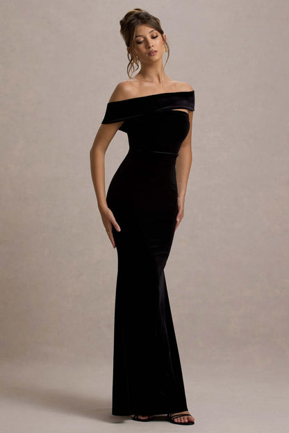 Candela Black Velvet Asymmetric Bardot Maxi Dress