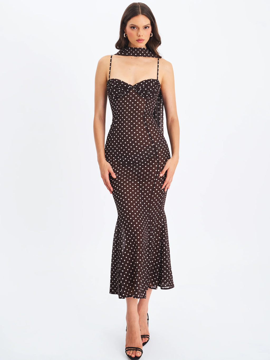 Yadira Brown Base Polka Dot Chiffon Maxi Dress