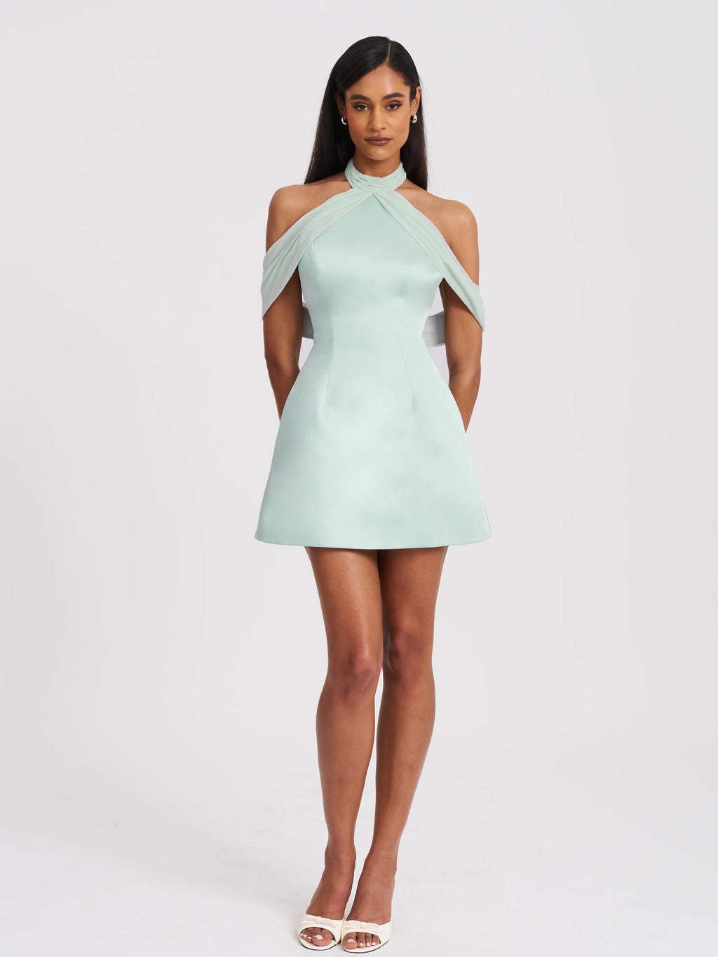 Zafrina Light Cyan Halter Off shoulder Backless Mini Dress