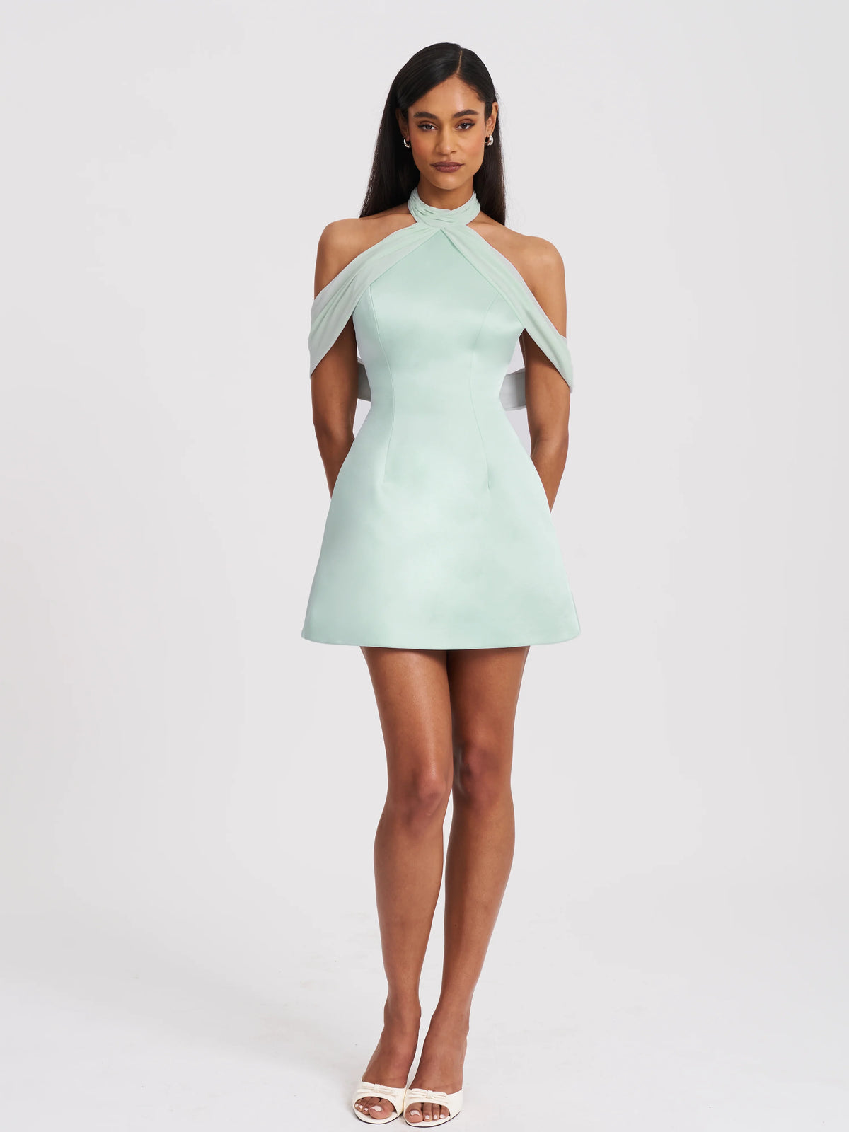 Zafrina Light Cyan Halter Off shoulder Backless Mini Dress