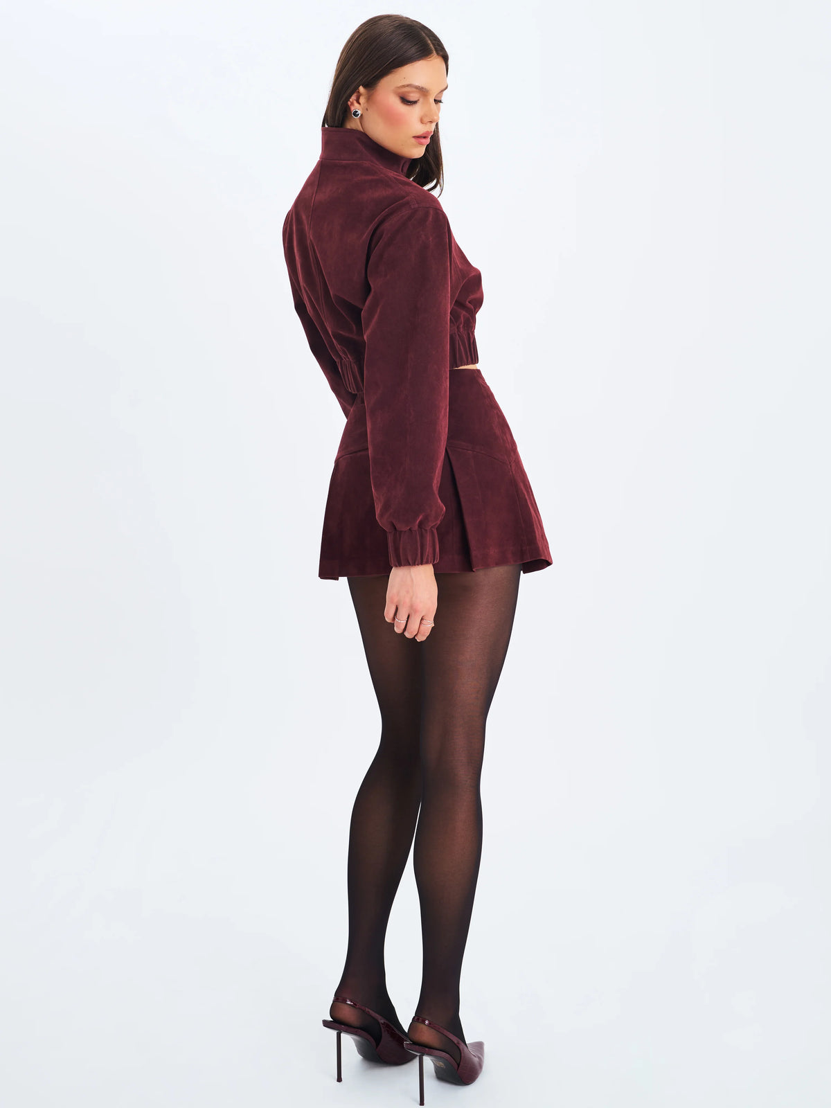 Faryn Mahogany Vegan Suede Pleated A Line Mini Skirt