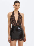 Faris Espresso Plunging Halter Belted Mini Dress