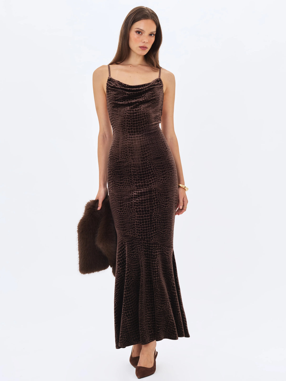 Veronique Brown Croc Embossed Velvet Cowl Neck Mermaid Maxi Dress