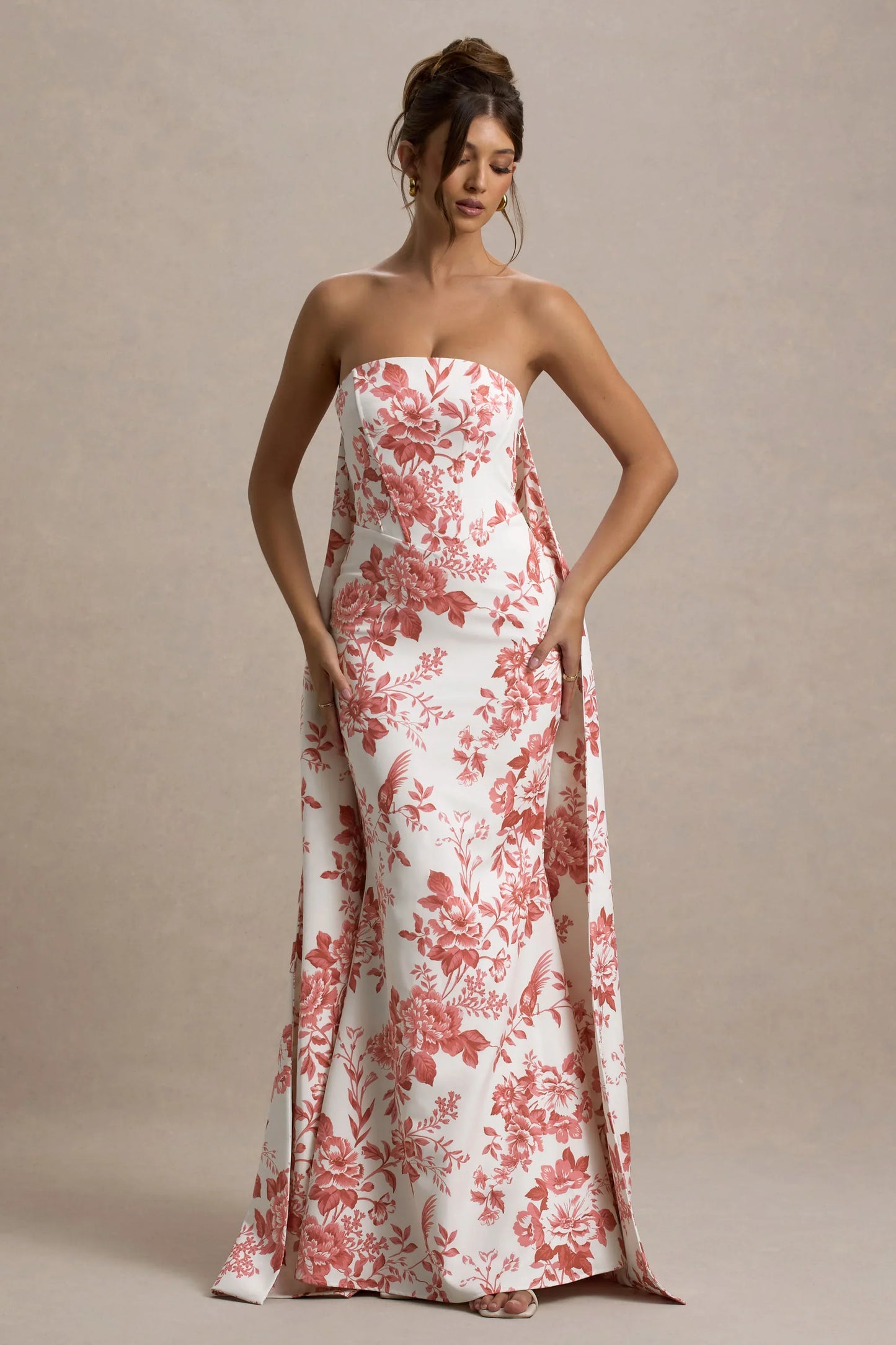 Lywenn Pink Porcelain Print Bandeau Maxi Dress With Cape