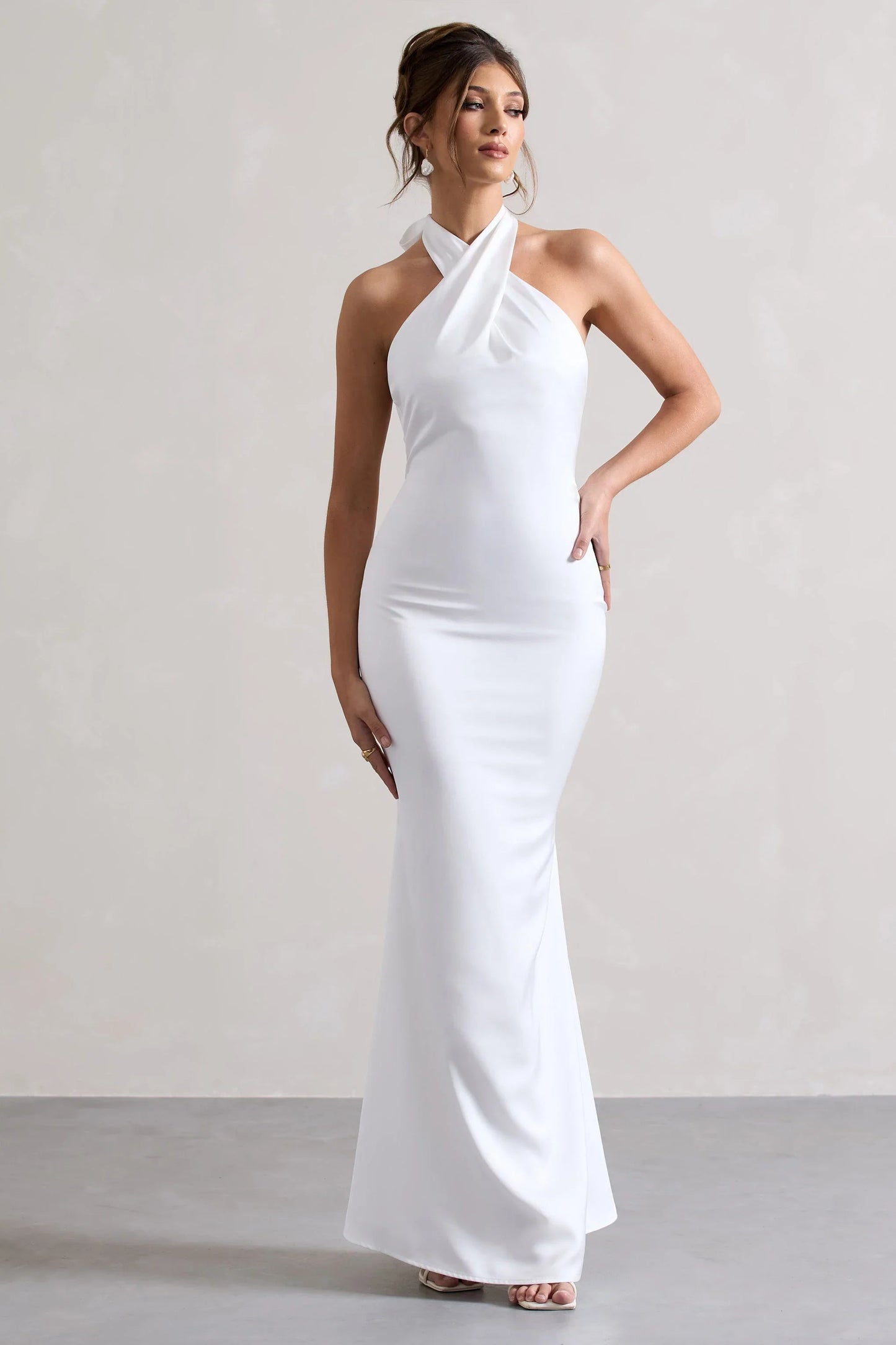 Unbeatable White Satin Cross Over Halter Neck Maxi Dress
