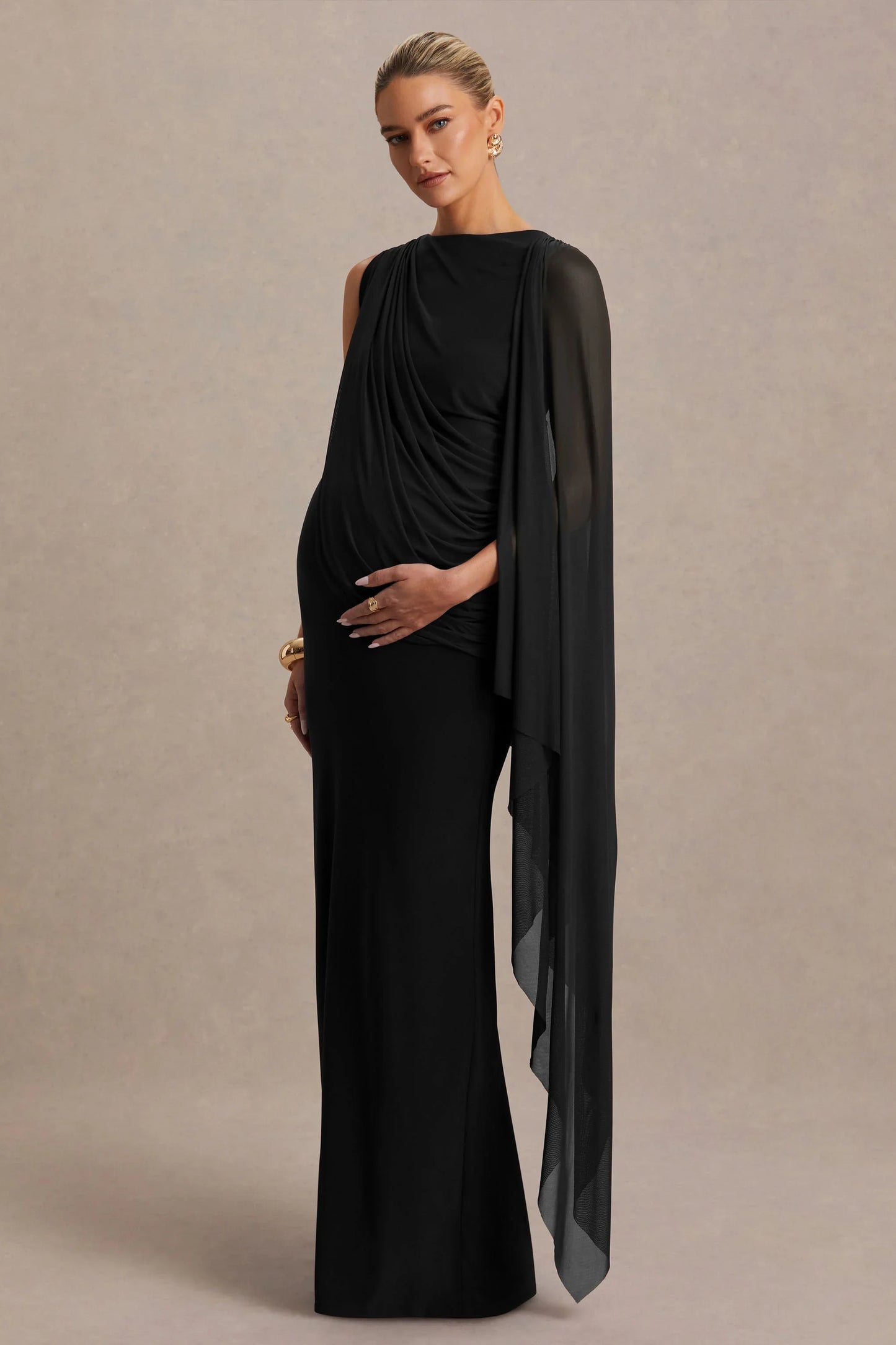 Cristina Black High Neck Maternity Maxi Dress With Cape Sleeve